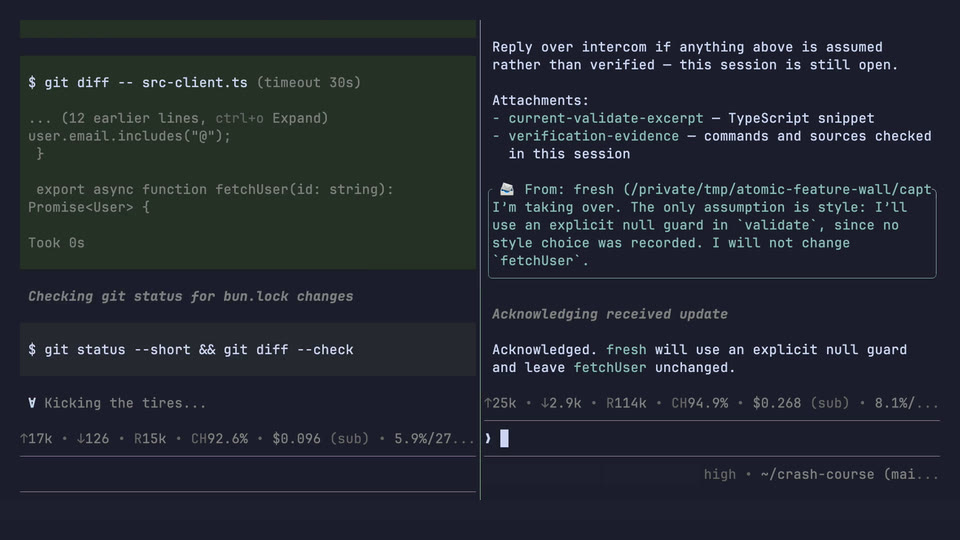 A project-local slash command running a packaged intercom handoff from the Atomic editor
