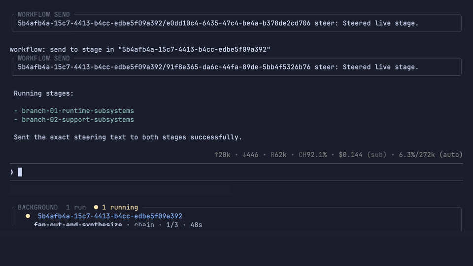The Atomic workflow graph with a live stage streaming, receiving a steering message from the operator