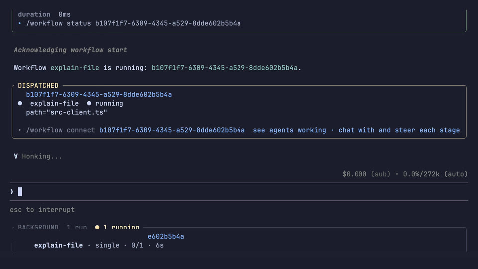A project-local workflow defined in TypeScript with stages and an output schema, then run by Atomic