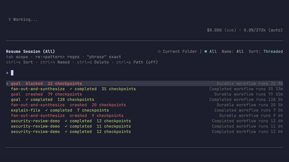 The Atomic resume picker after a killed run, listing retained workflow runs with their checkpoint counts