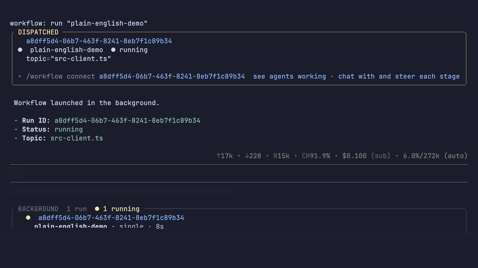 Atomic receiving a normal chat request and launching the registered plain-english-demo workflow through the real workflow tool