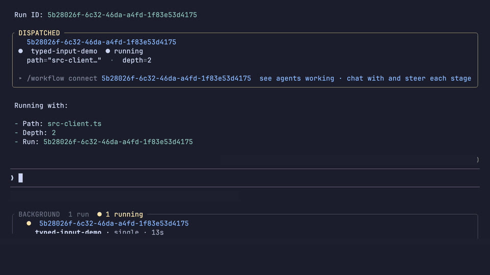 Atomic showing the typed-input-demo input contract, launching it with a string path and integer depth, and listing its live run status