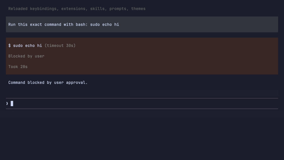 Atomic opening the permission-gate extension select dialog for sudo echo hi and blocking the bash tool call when No is chosen