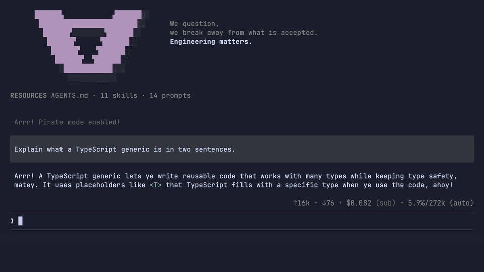 Atomic enabling the shipped pirate extension at runtime and answering the next TypeScript question with the mutated system prompt