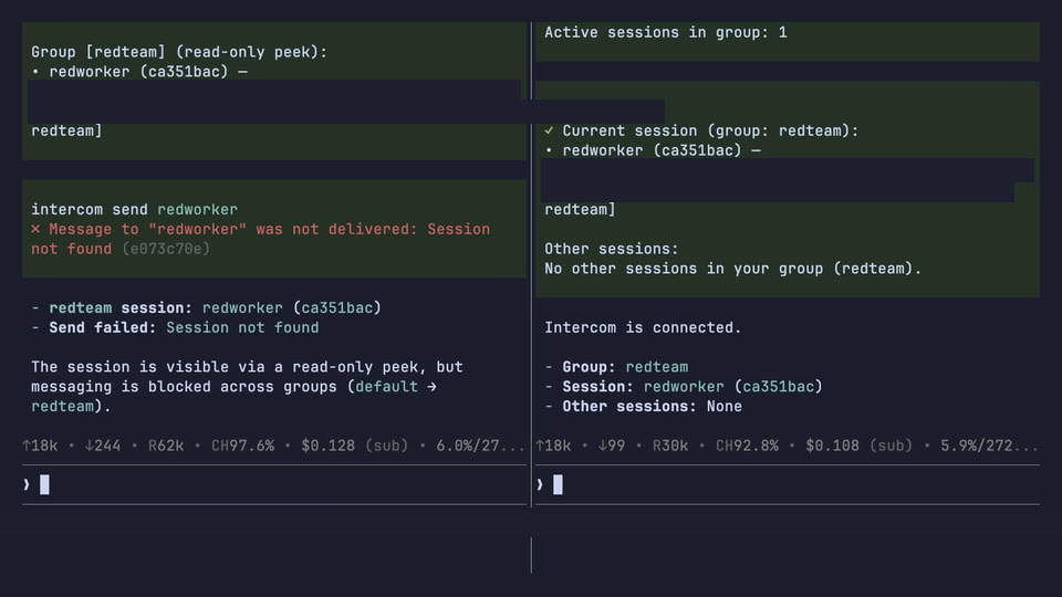 Two Atomic sessions in separate Intercom groups, with the default session peeking at redteam before its cross-group send is rejected