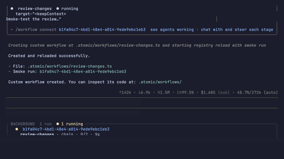 Atomic turning a prose review-changes graph contract into a project workflow file and reloading it in the installed product