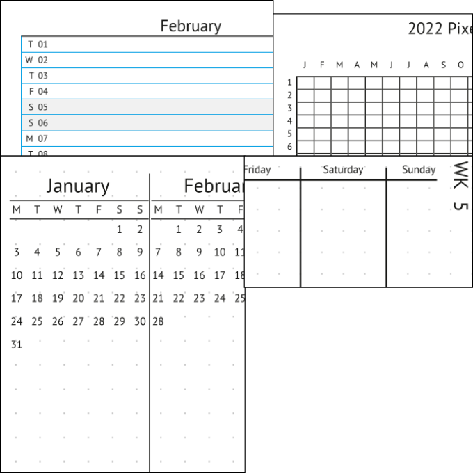 Annual overview, monthly and weeklyl log.