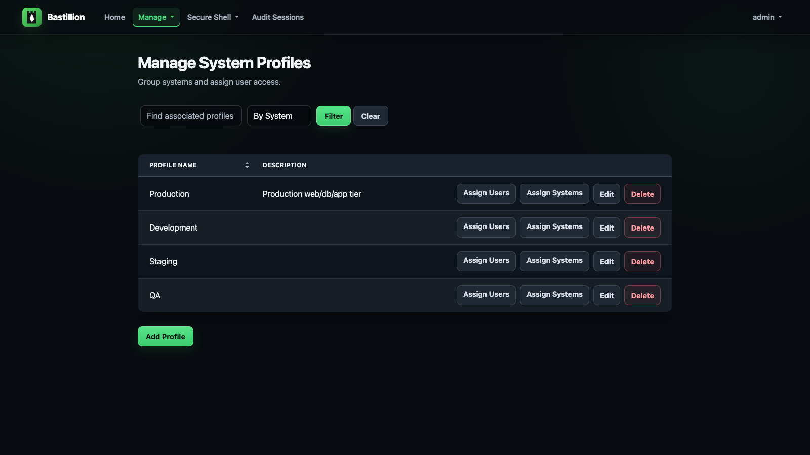 Bastillion profile management screen