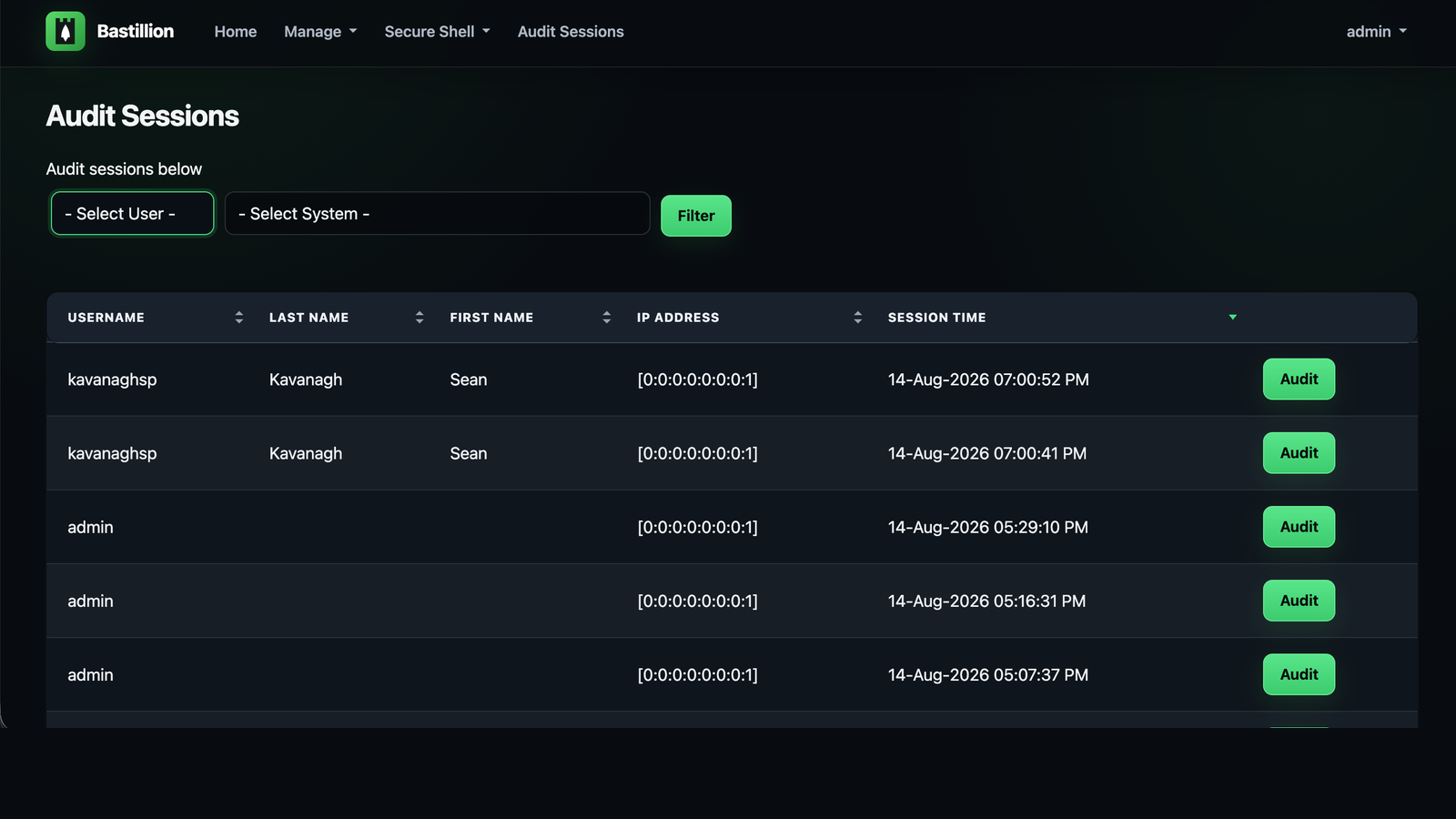 Audit sessions listed with user and system filters