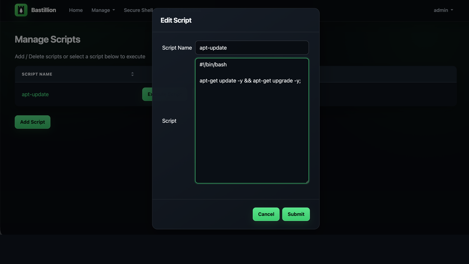 Bastillion composite script management screen