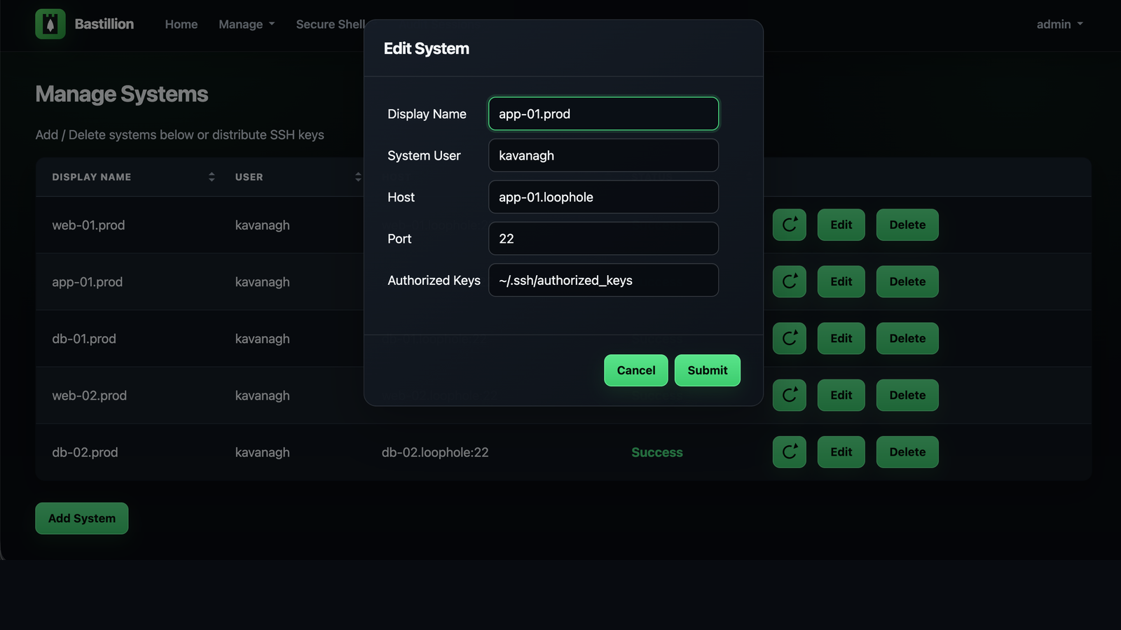 Manage Systems — three hosts registered, all showing Success status