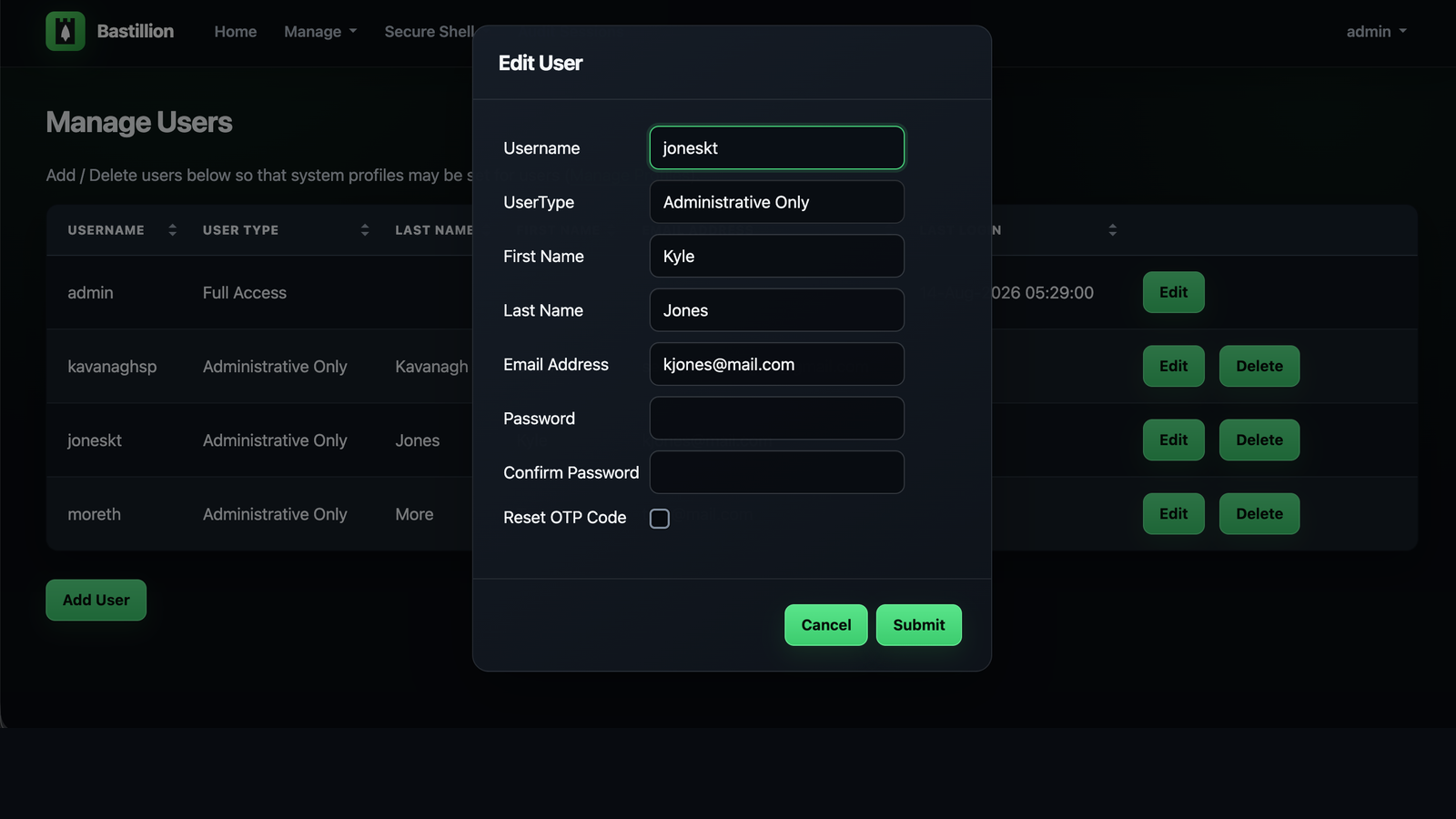 Bastillion user management screen