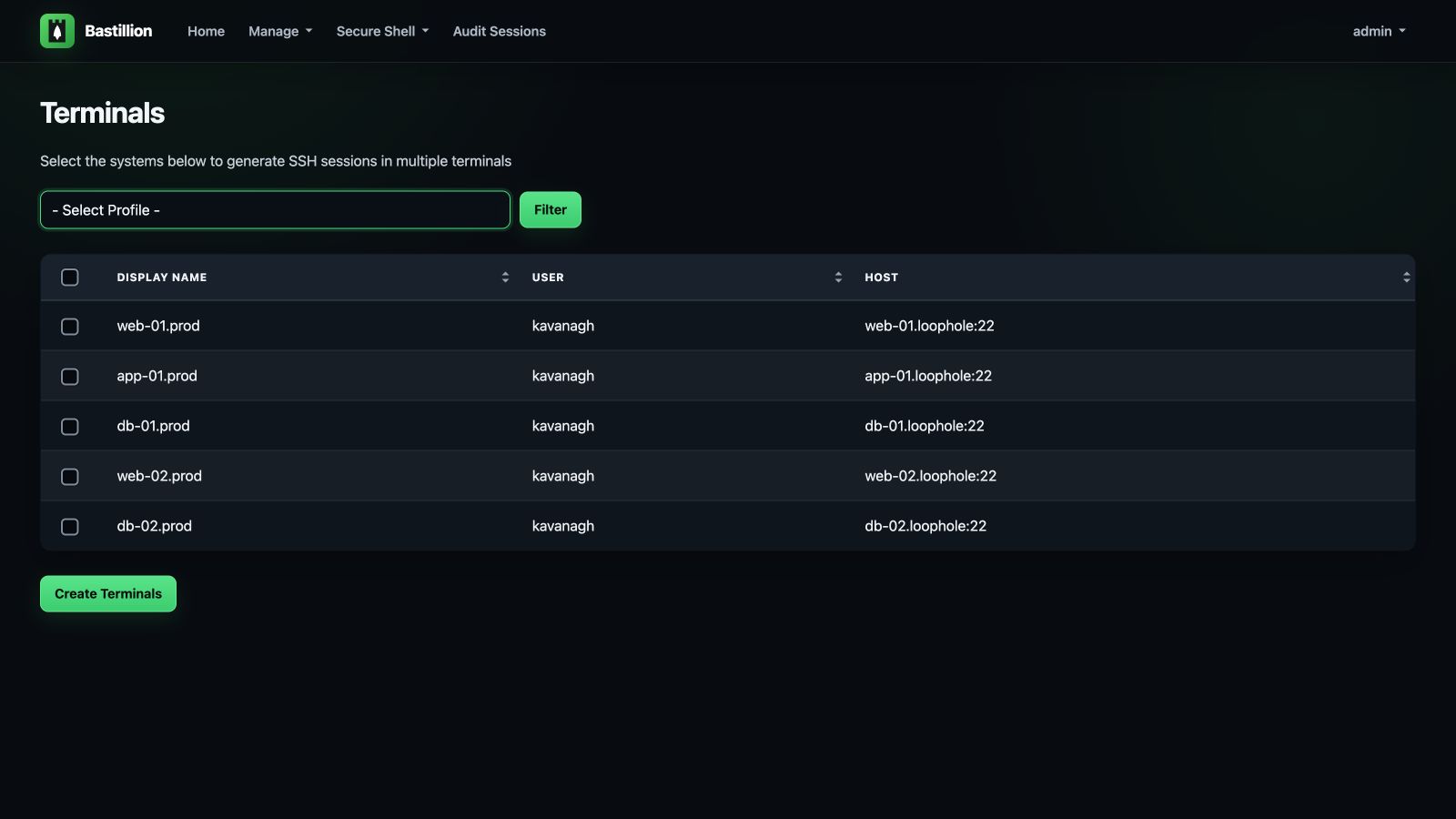 Bastillion terminal selection screen