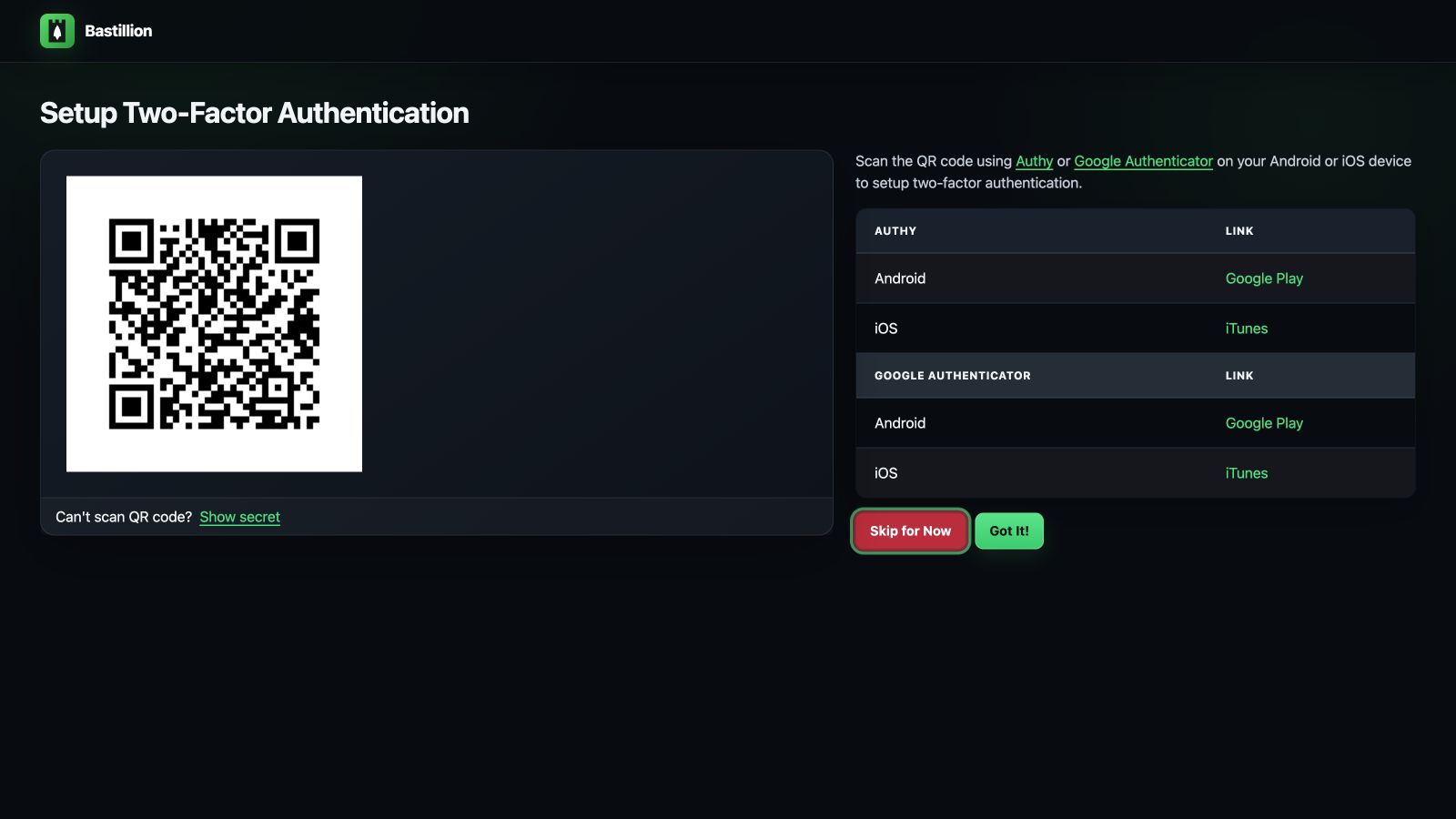 Bastillion two-factor setup screen