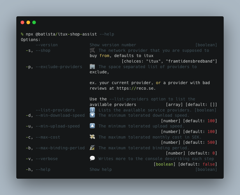 Screenshot of the CLI with the help option