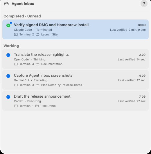 Pine Agent Inbox showing agent tasks across projects