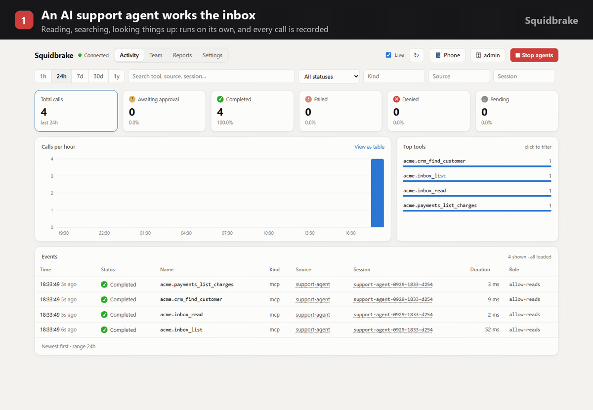 Demo: an AI agent's scam wire is blocked, a refund waits for approval and is approved from a phone