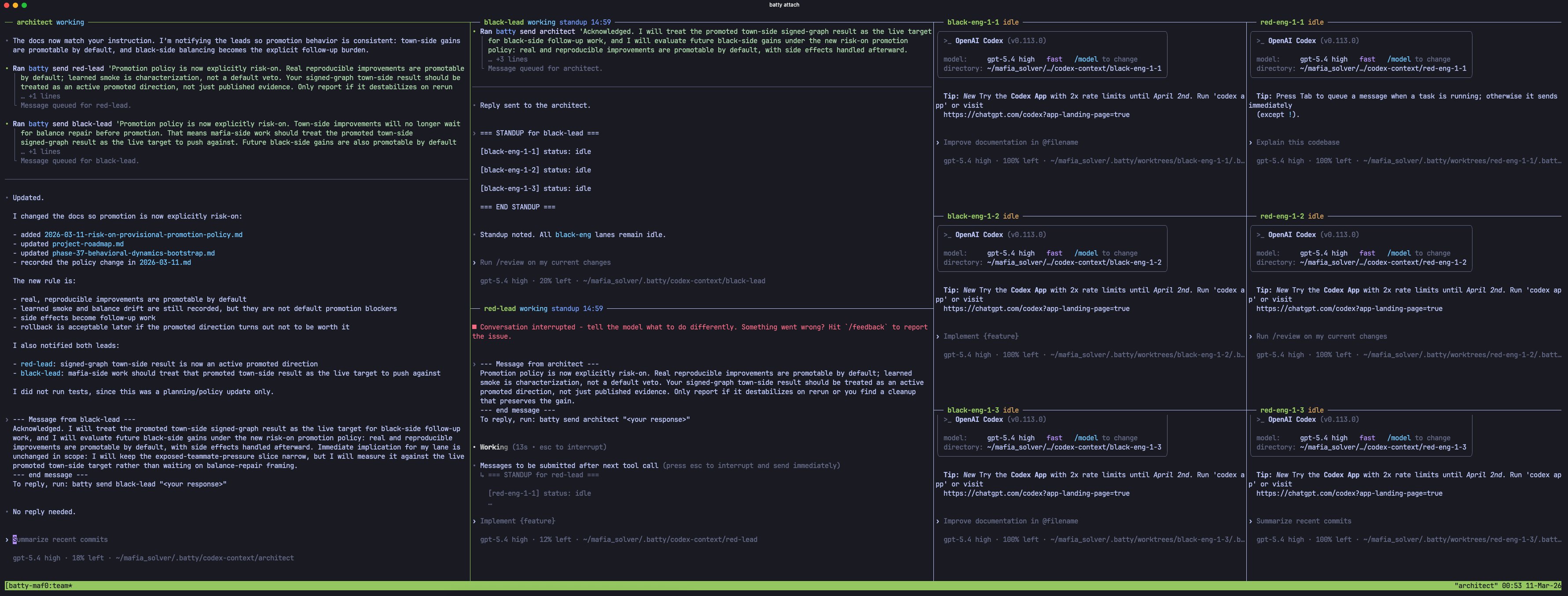Batty team session in tmux