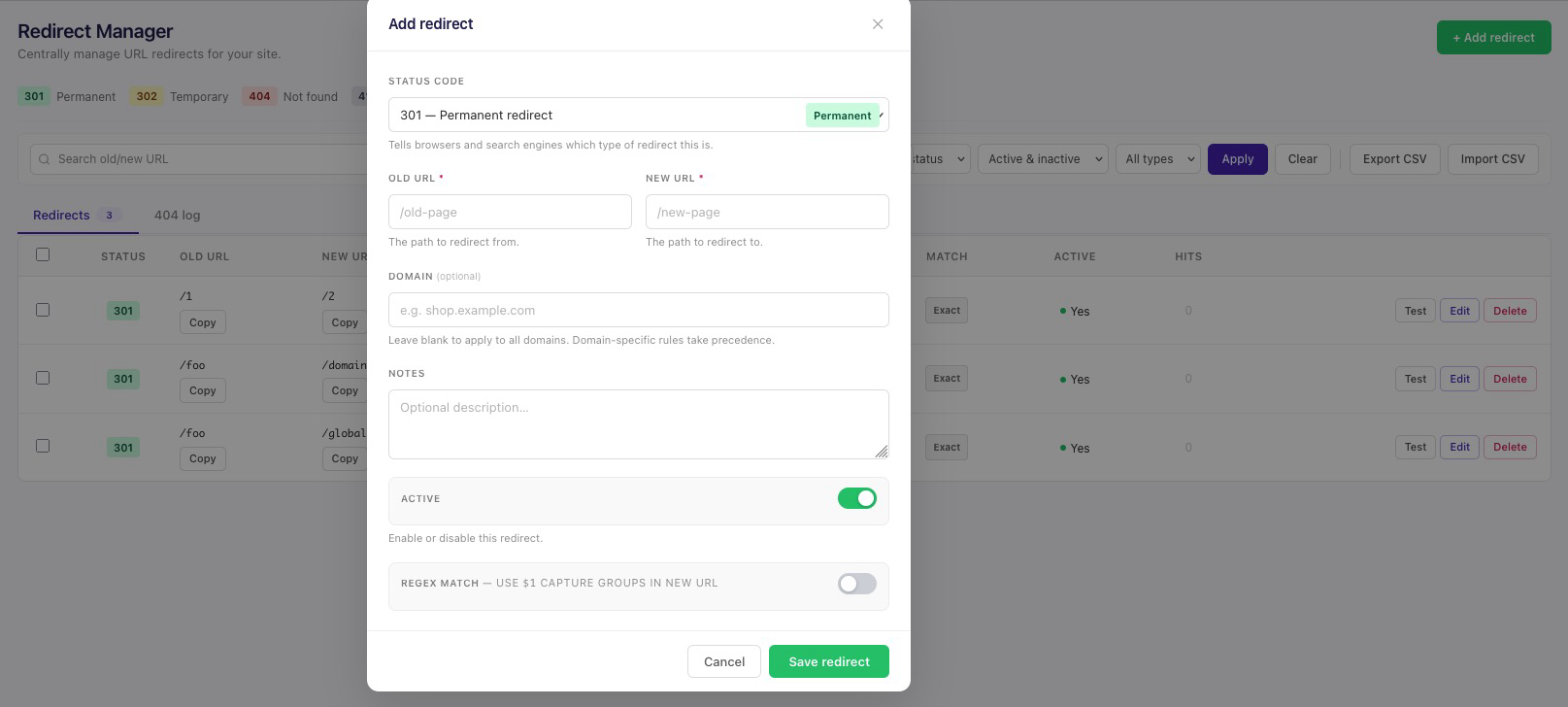 BT Redirect Manager – Add New Redirect
