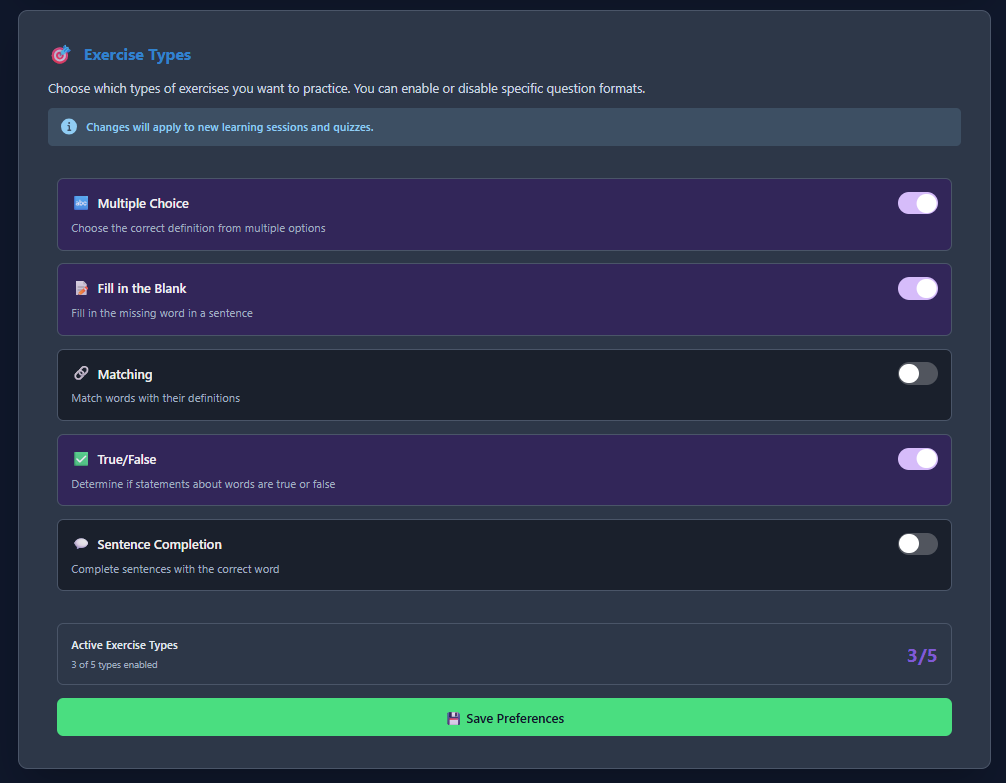 Exercise Types Settings
