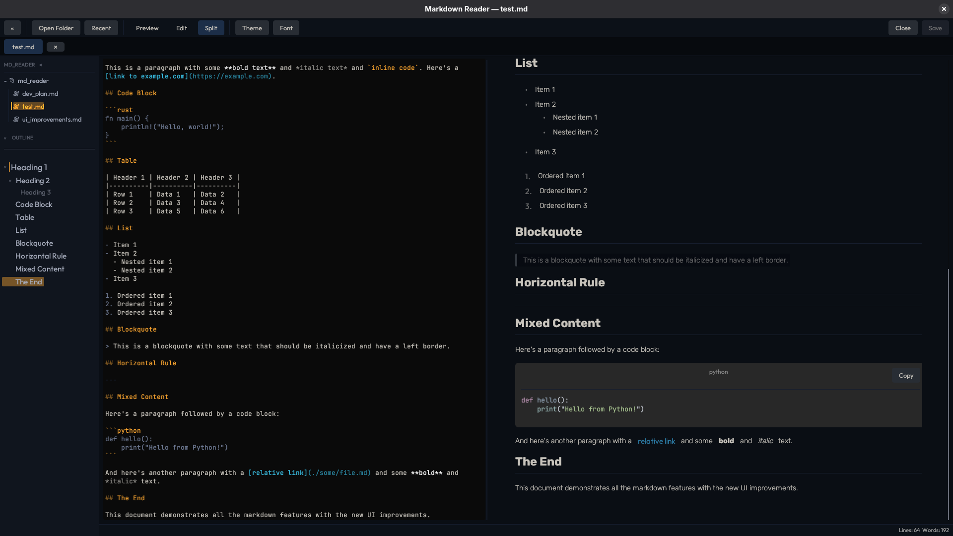md_reader Split mode ayu theme