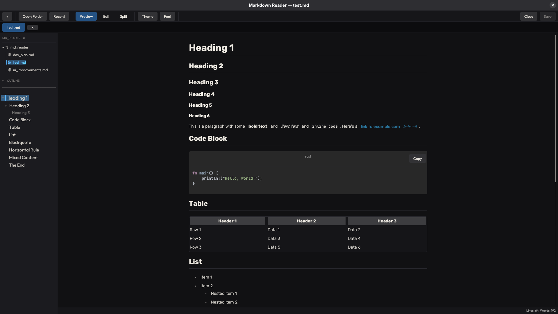 md_reader Preview mode coal theme