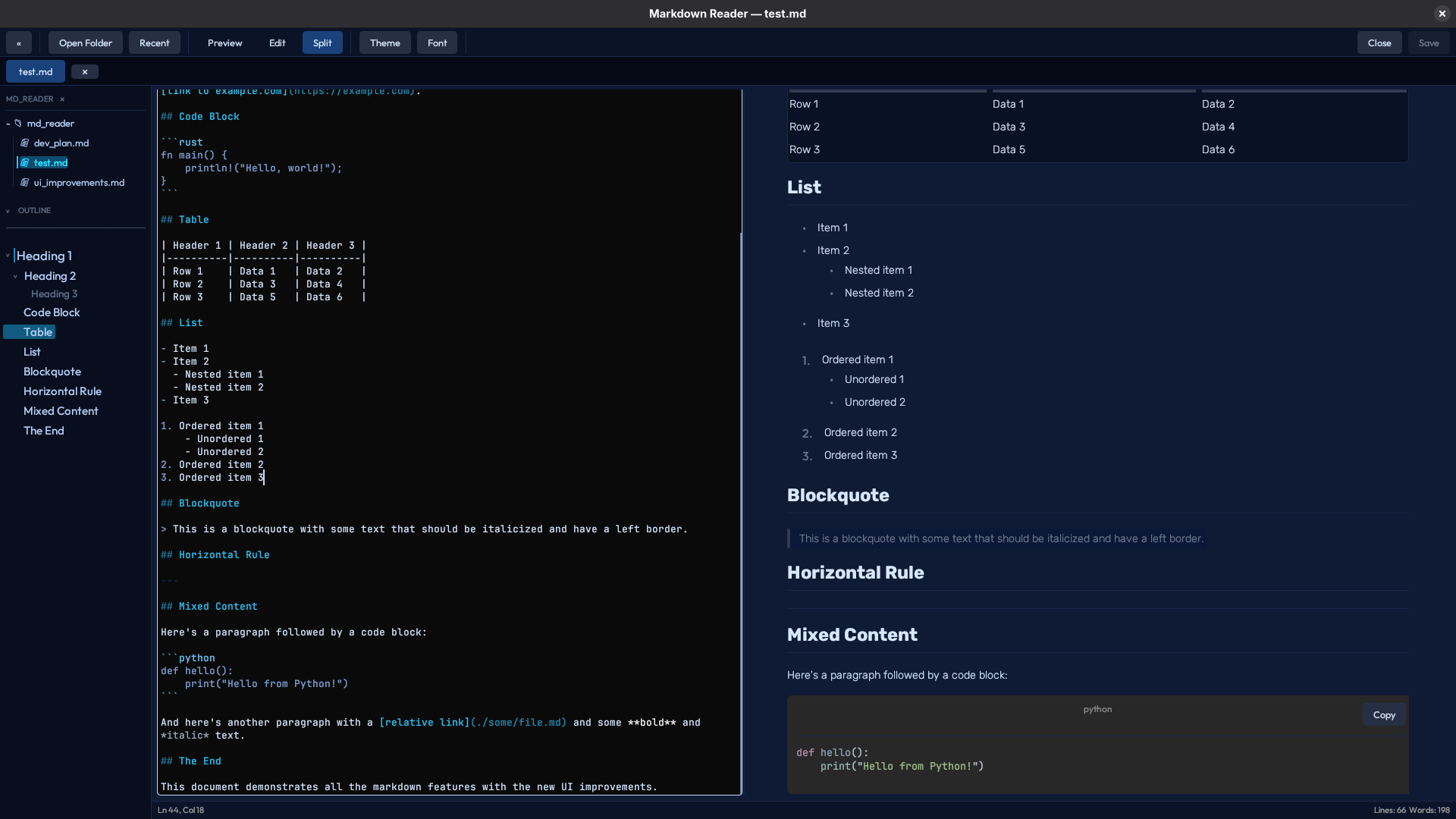 md_reader Split mode navy theme