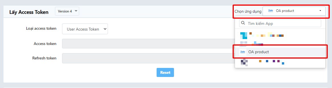 Chọn ứng dụng trong API Explorer