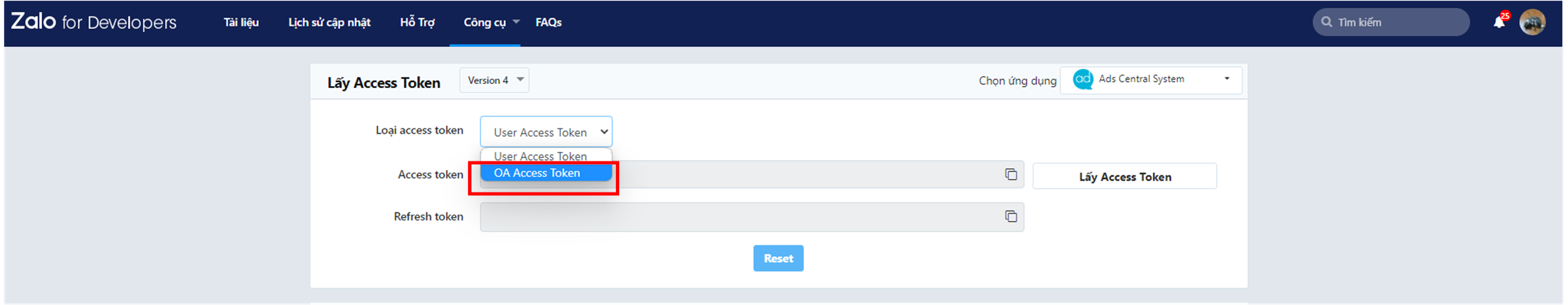 Chọn OA Access Token