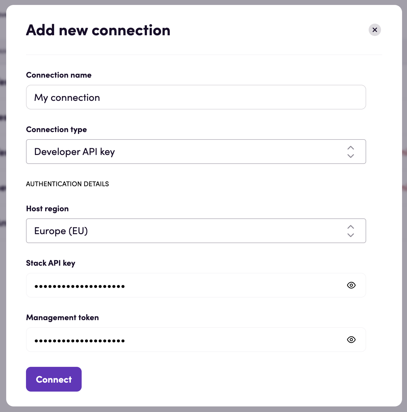 Connecting using the 'Developer API key' connection type