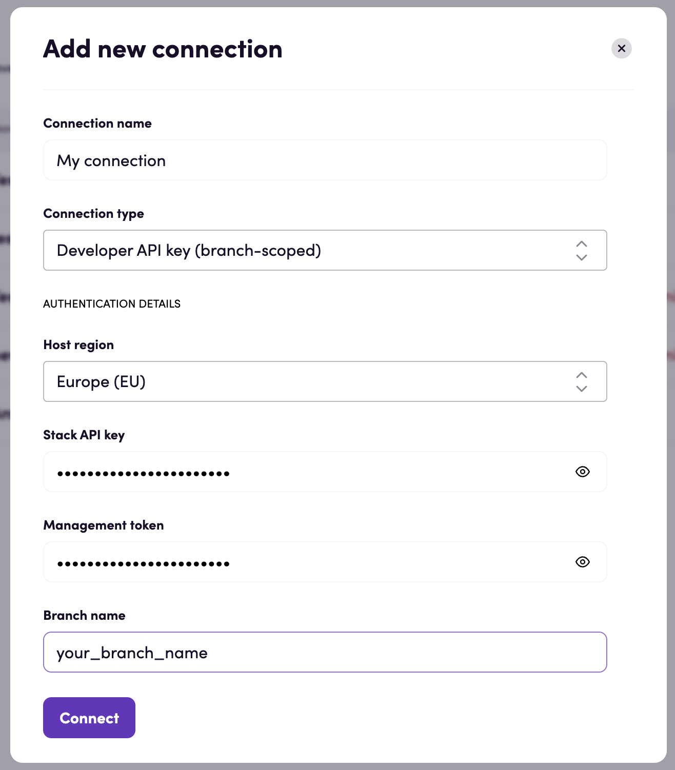 Connecting using the 'Developer API key (branch-scoped)' connection type