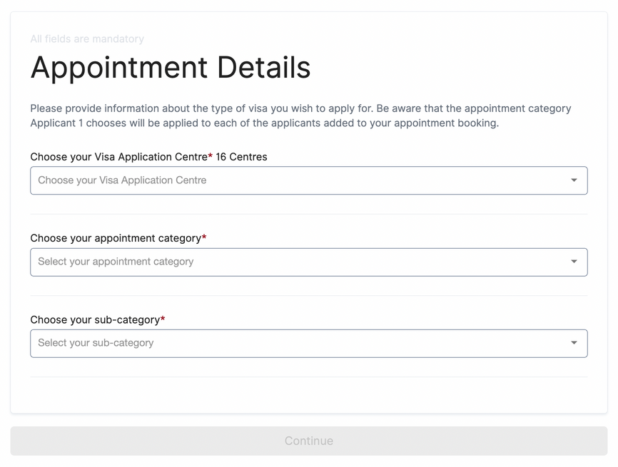 VFS Appointment Form Screenshot