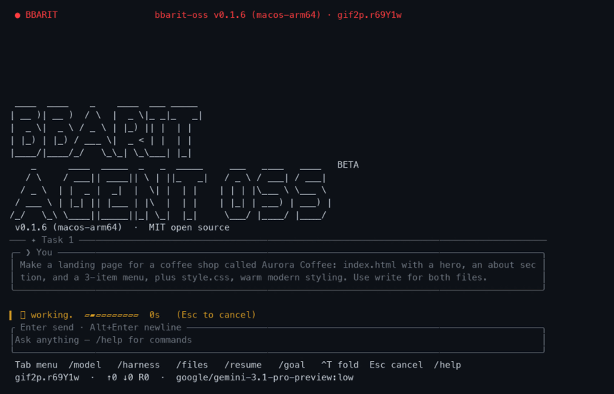 bbarit-oss demo — the agent writes and runs code in your terminal