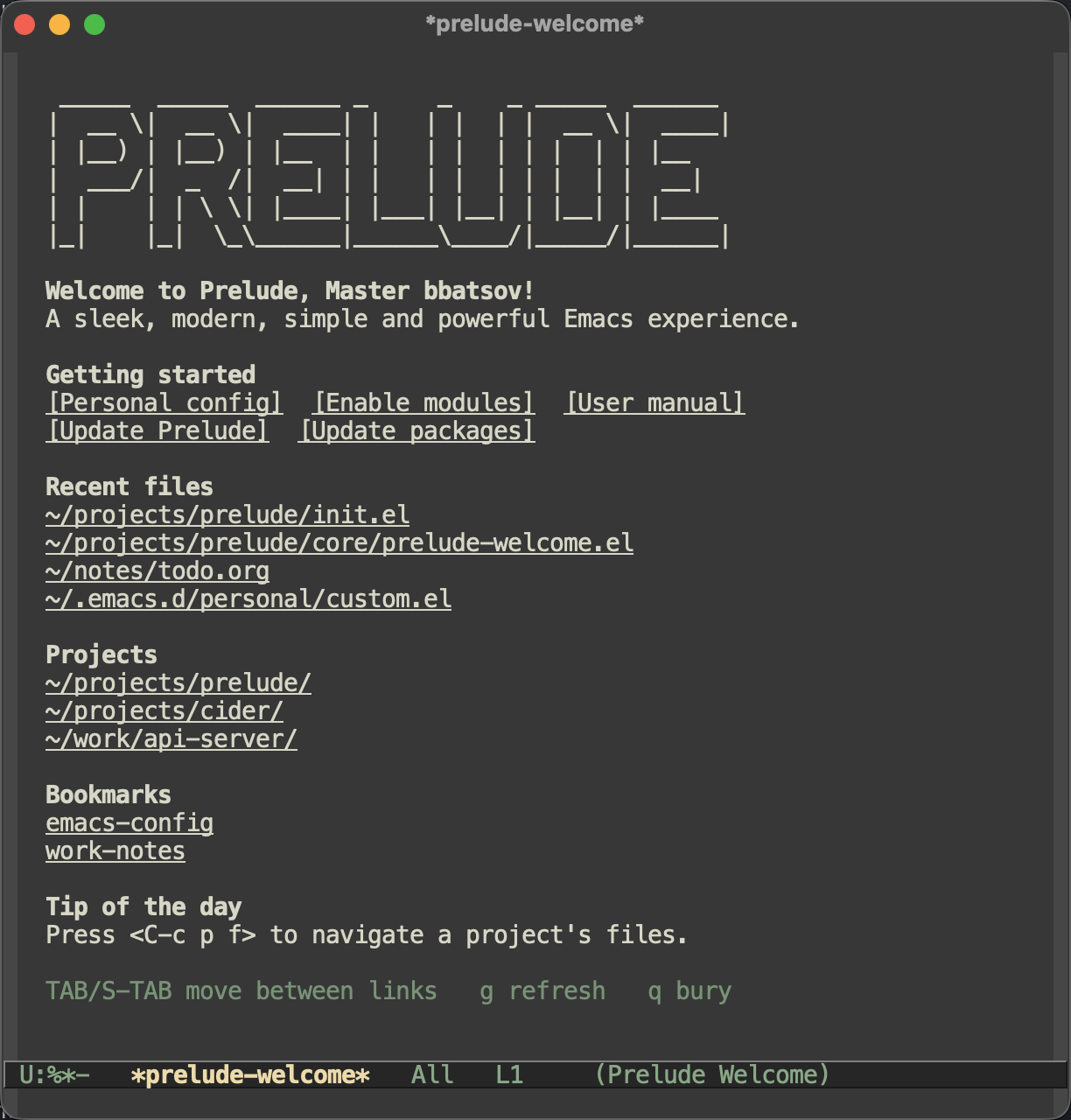 The Prelude welcome screen