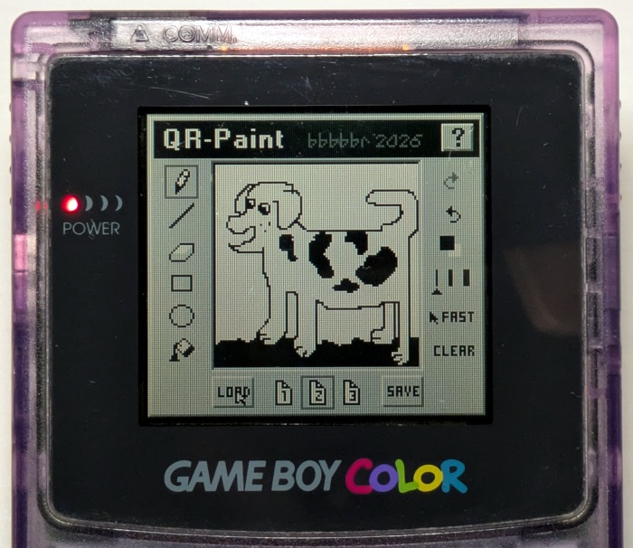 Photograph of QR Paint on a Game Boy Color with a drawing of a dogcow
