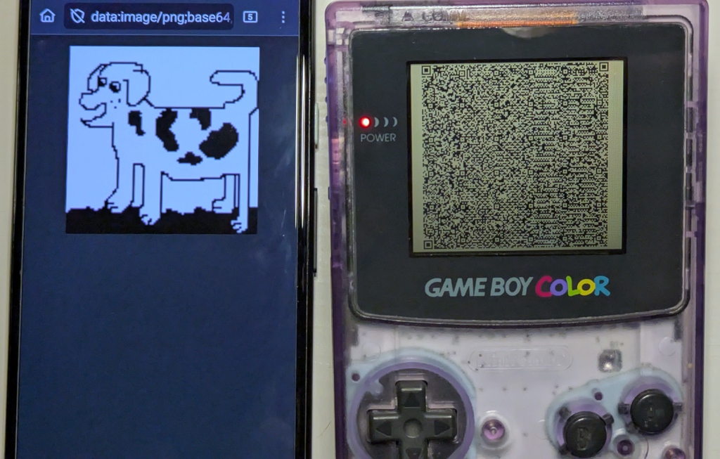 Photograph of QR Paint showing a QRCode on a Game Boy Color which encodes the dogcow drawing, and a mobile phone showing the transferred image in a web browser
