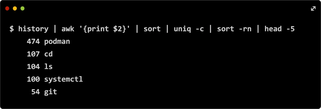 $ history | awk '{print $2}' | sort | uniq -c | sort -rn | head -5 $ history | awk '{print $2}' | sort | uniq -c | sort -rn | head -5 — 474 podman, 107 cd, 104 ls, 100 systemctl, 54 git