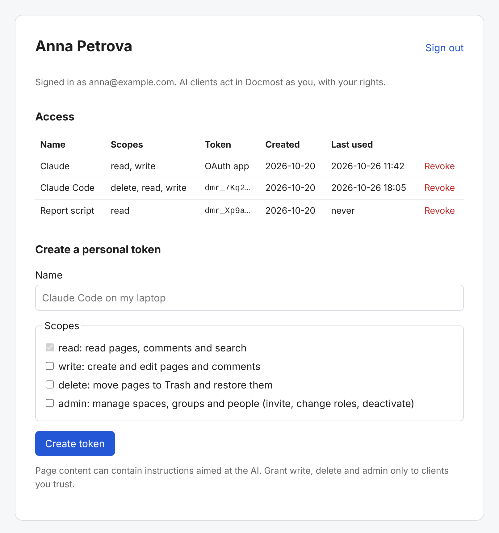 The account page with connected apps, personal tokens and the form to create a token