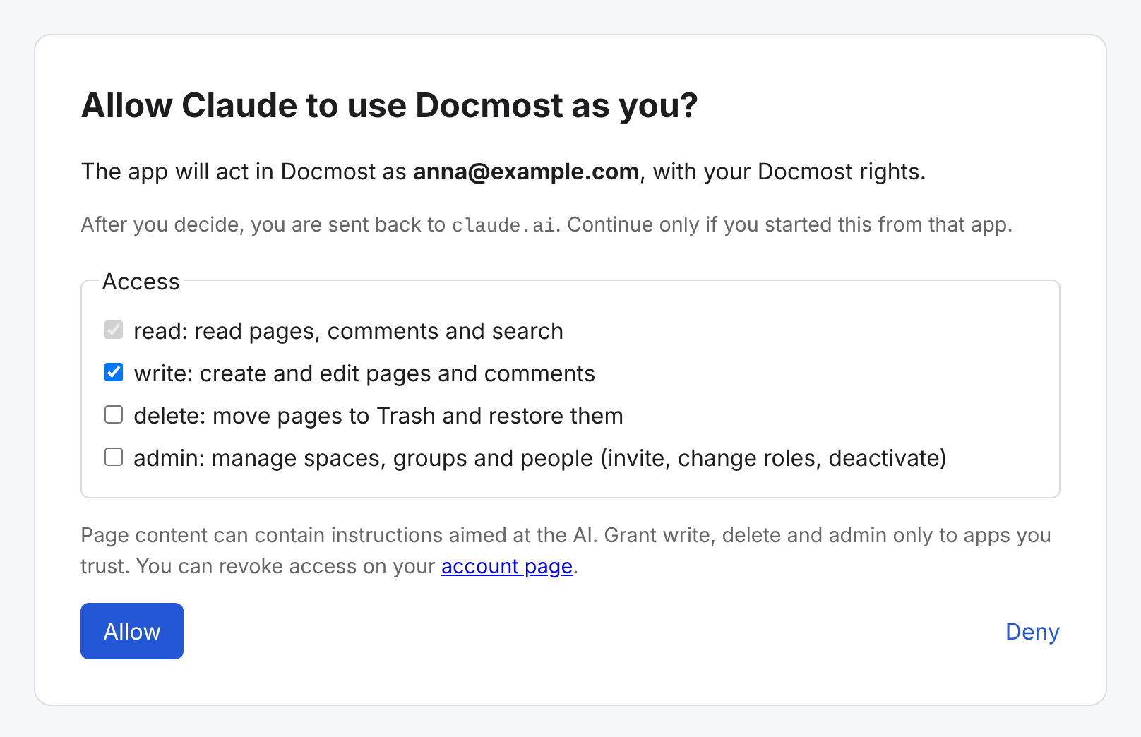 The consent page: allow Claude to use Docmost as you, with read, write, delete and admin scopes