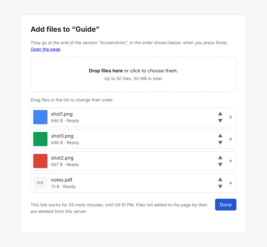 The upload page: a drop area, three images and a PDF with arrows to reorder them, and a Done button