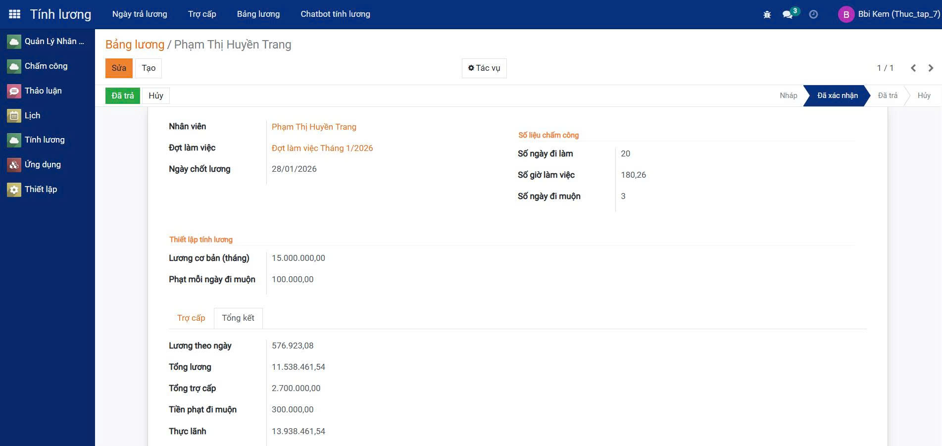 Giao diện bảng lương