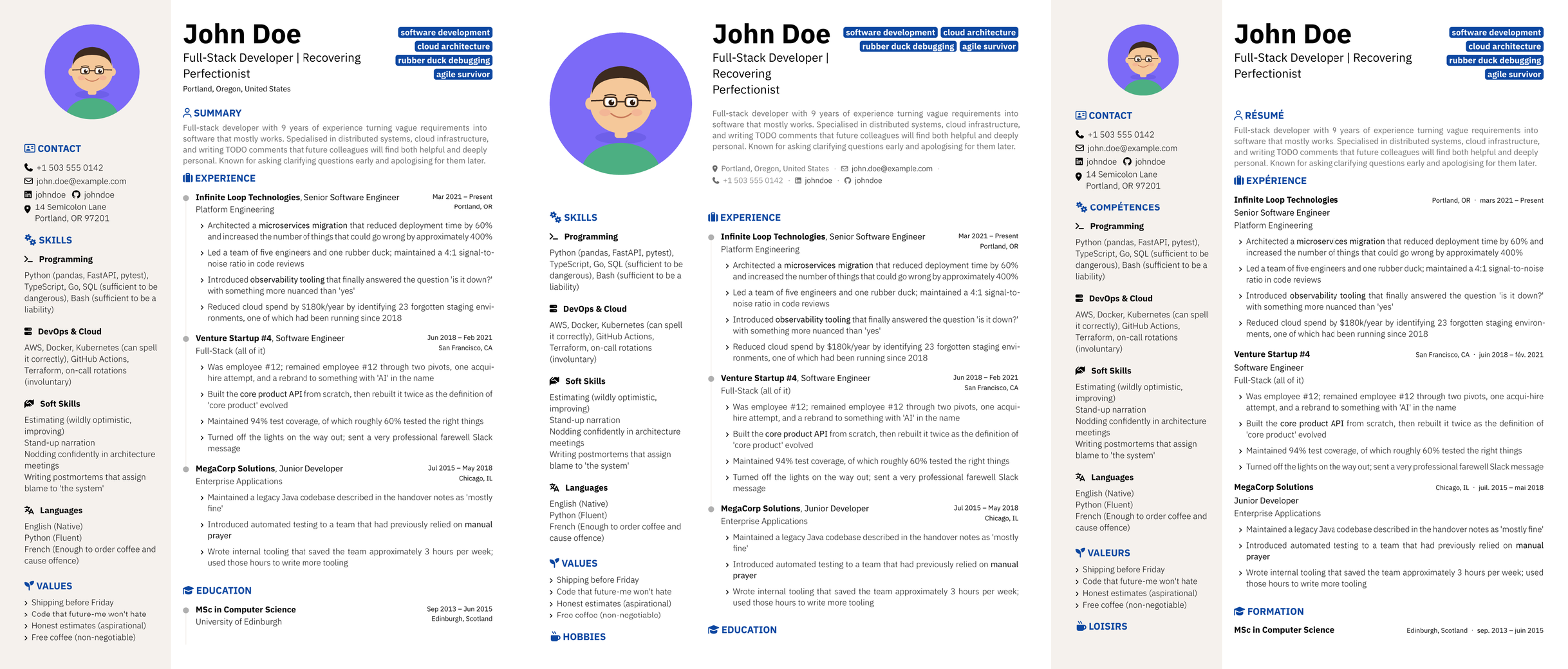 The standard, header-band and ATS-split layouts side by side
