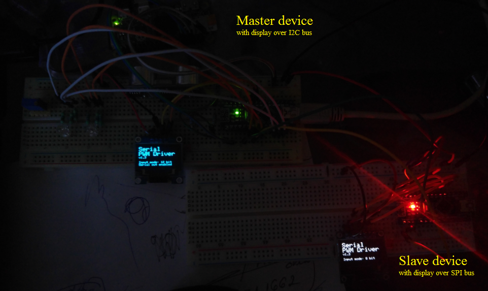 Two instances (left one is the "master device" with blue I2C display and "FURTHER_CHANNELS" feature enabled, right one with white SPI display)
