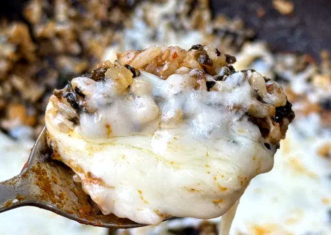 Cheesy fried rice spoonful detail