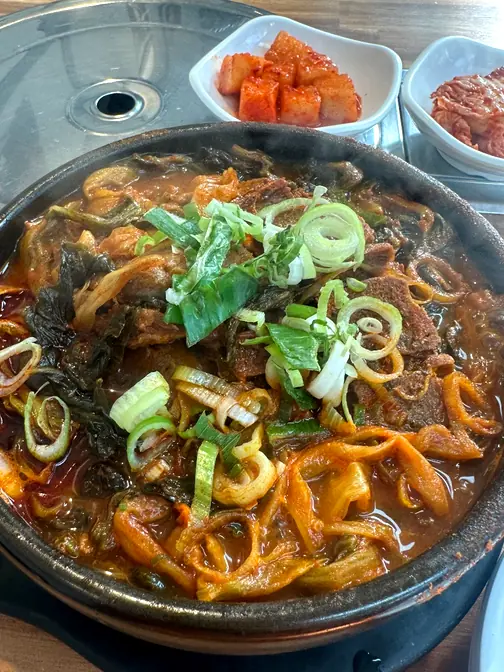 Top view of spicy gamjatang bowl