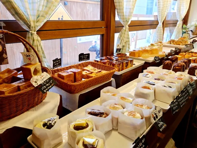 Assorted cube breads on display counter