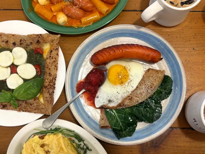 Full brunch table setting flat lay