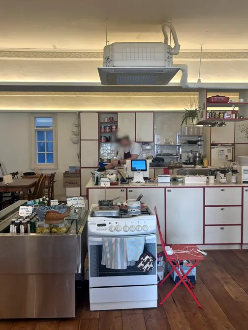 Wide interior view of open kitchen
