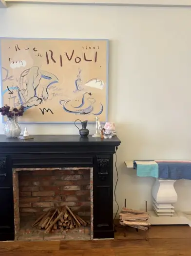 Interior decor with brick fireplace