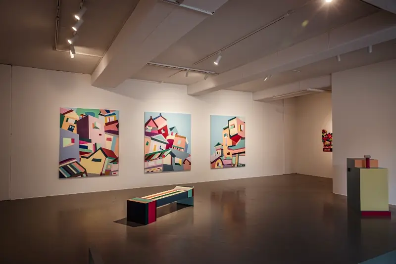 Contemporary art paintings in gallery hall